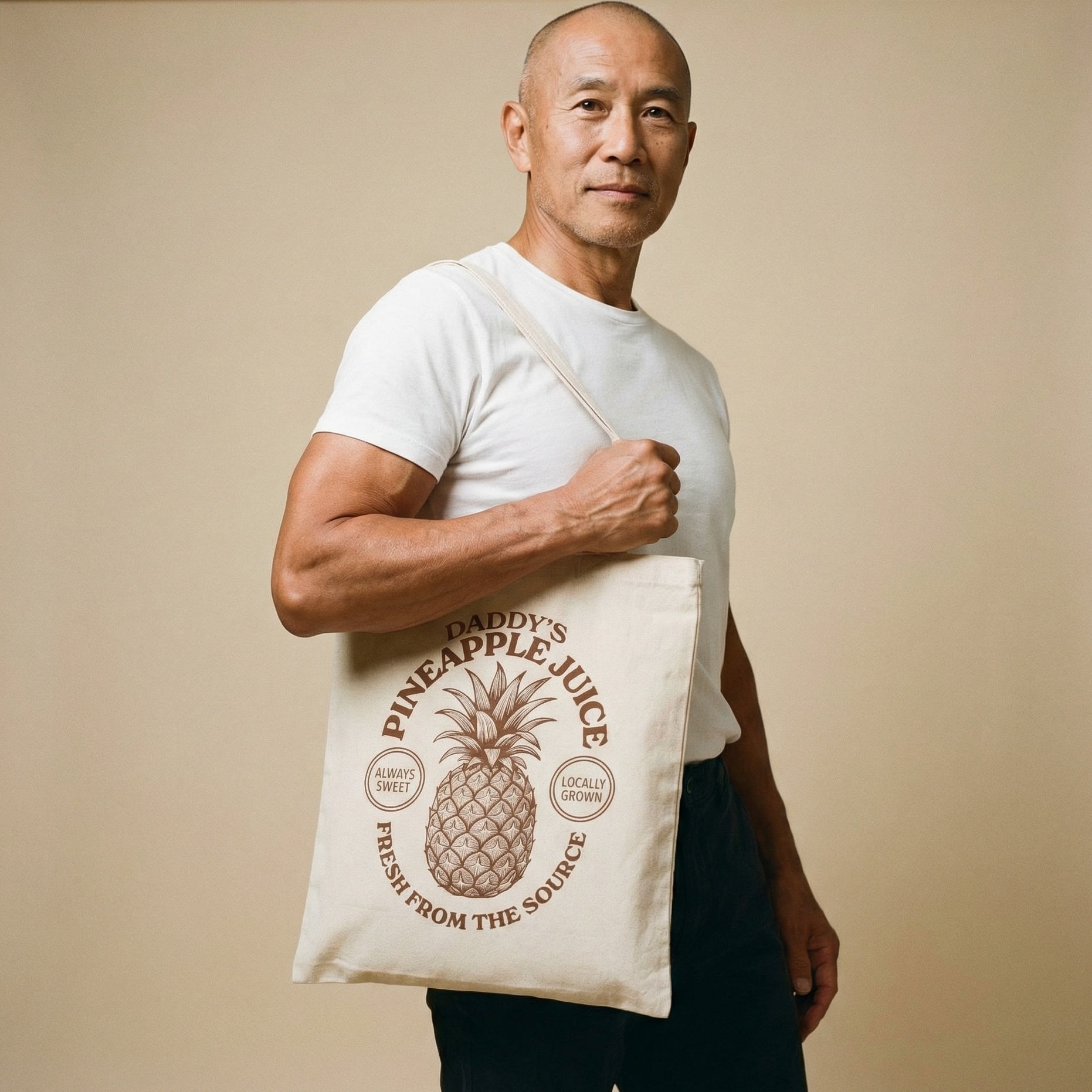 A middle-aged East Asian man with a shaved head and light stubble stands against a plain beige studio backdrop. He is wearing a white t-shirt and dark pants, with a beige canvas tote bag slung over his shoulder. The tote features a large brown illustration of a pineapple and vintage-style text that reads 'Daddy's Pineapple Juice' at the top, 'Always Sweet' and 'Locally Grown' in small circles on the sides, and 'Fresh From The Source' along the bottom edge. #color_Natural