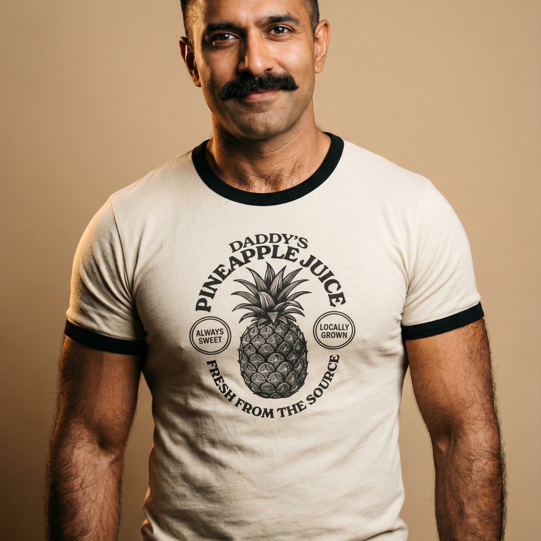 A studio portrait of a man with a thick dark mustache and athletic build, wearing a cream ringer t-shirt with black trim. The shirt features a central black graphic of a pineapple surrounded by circular text reading 'DADDY'S PINEAPPLE JUICE' and 'FRESH FROM THE SOURCE'. Small circles on the sides of the graphic say 'ALWAYS SWEET' and 'LOCALLY GROWN'. The man is looking directly at the camera against a plain tan background. #color_Natural/Black