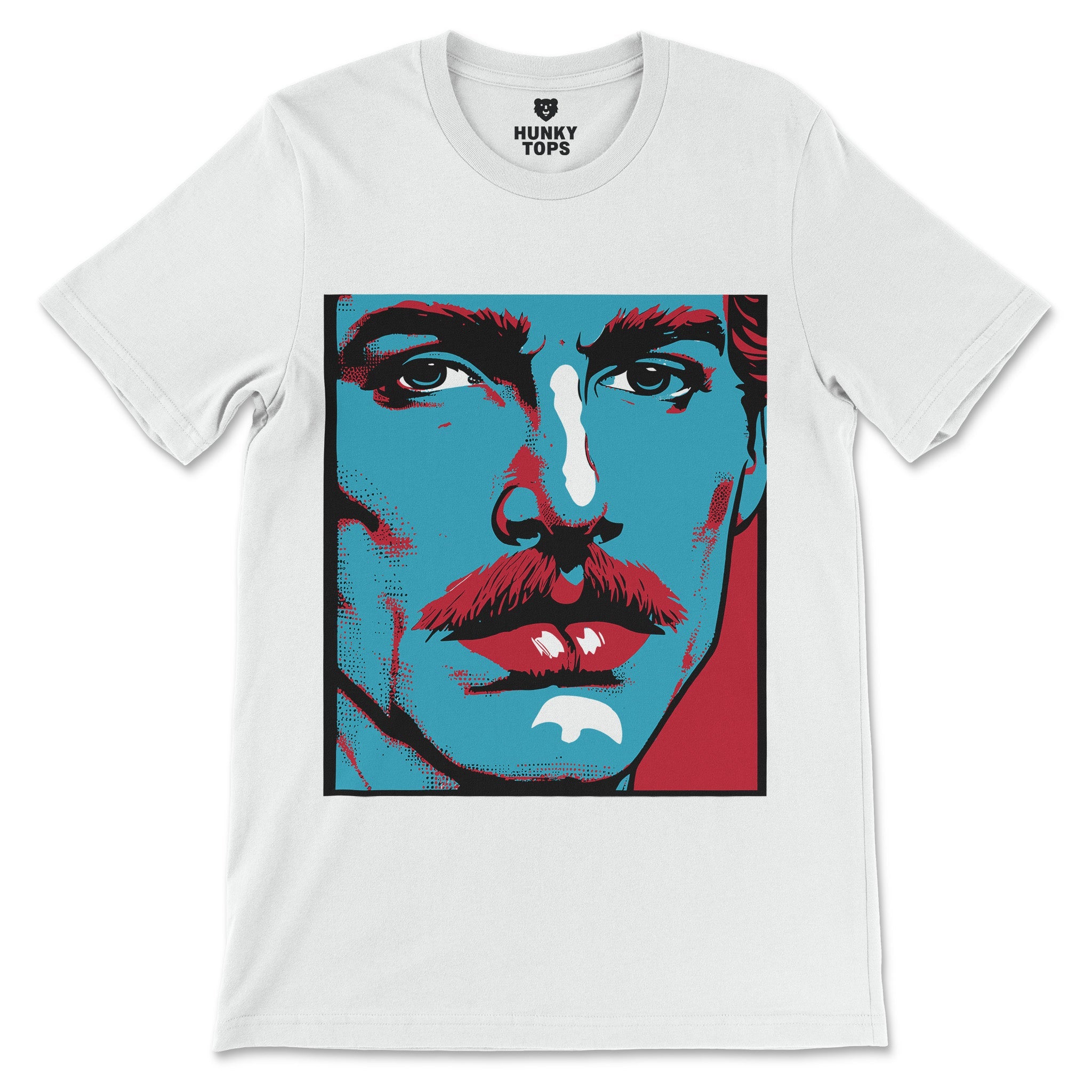 Bold Pop Art Gay Shirt - Vintage-Inspired Mustached Man Graphic Tee - Hunky Tops#color_white