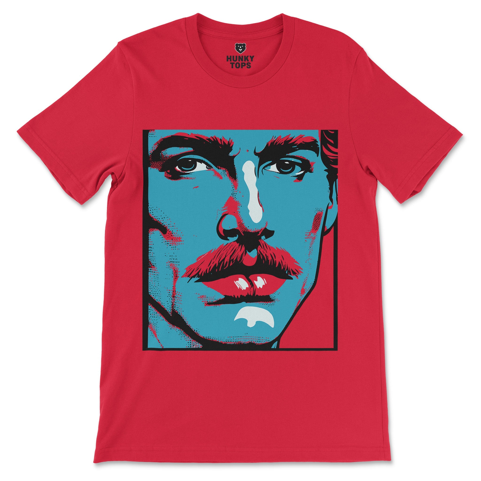 Bold Pop Art Gay Shirt - Vintage-Inspired Mustached Man Graphic Tee - Hunky Tops#color_red