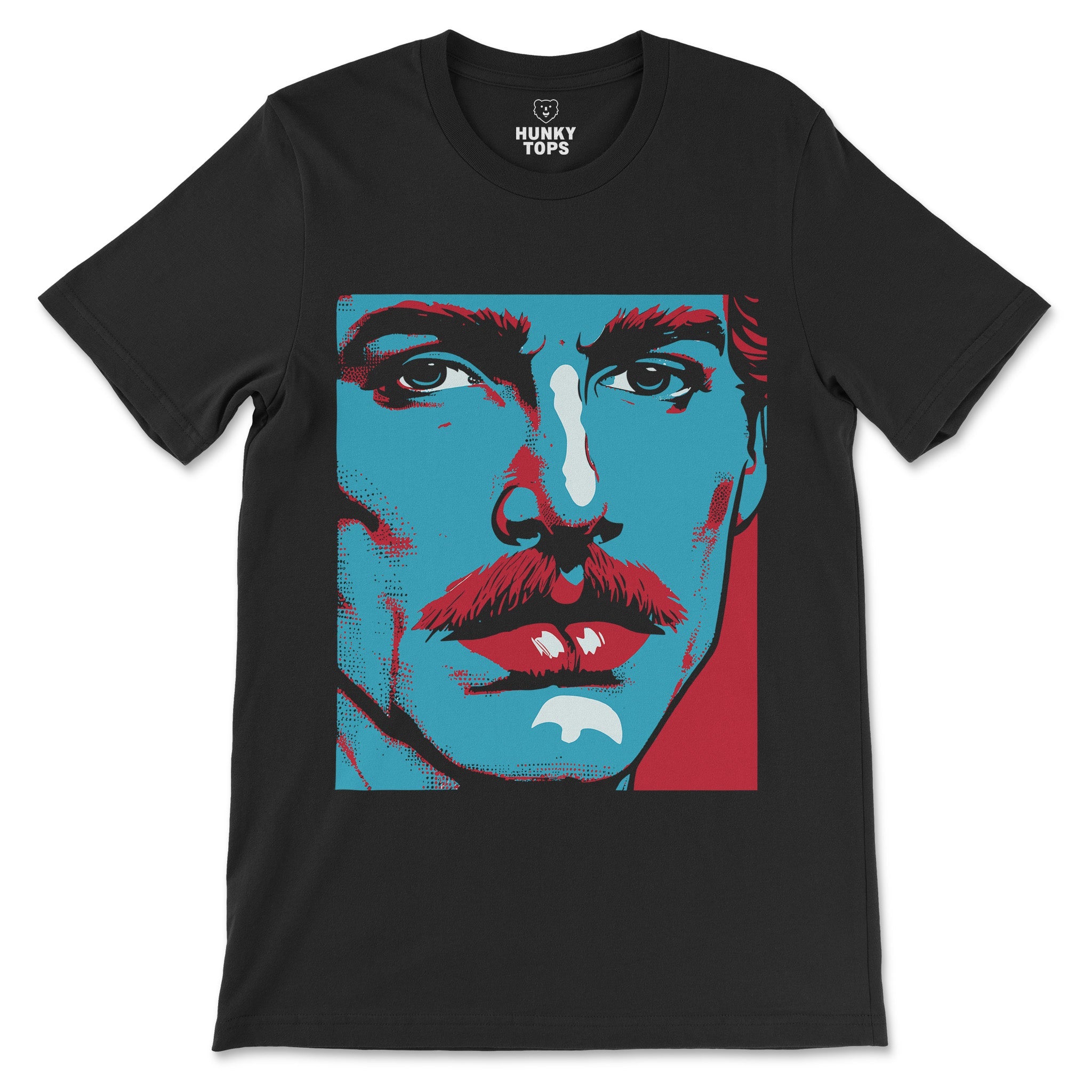Bold Pop Art Gay Shirt - Vintage-Inspired Mustached Man Graphic Tee - Hunky Tops#color_black