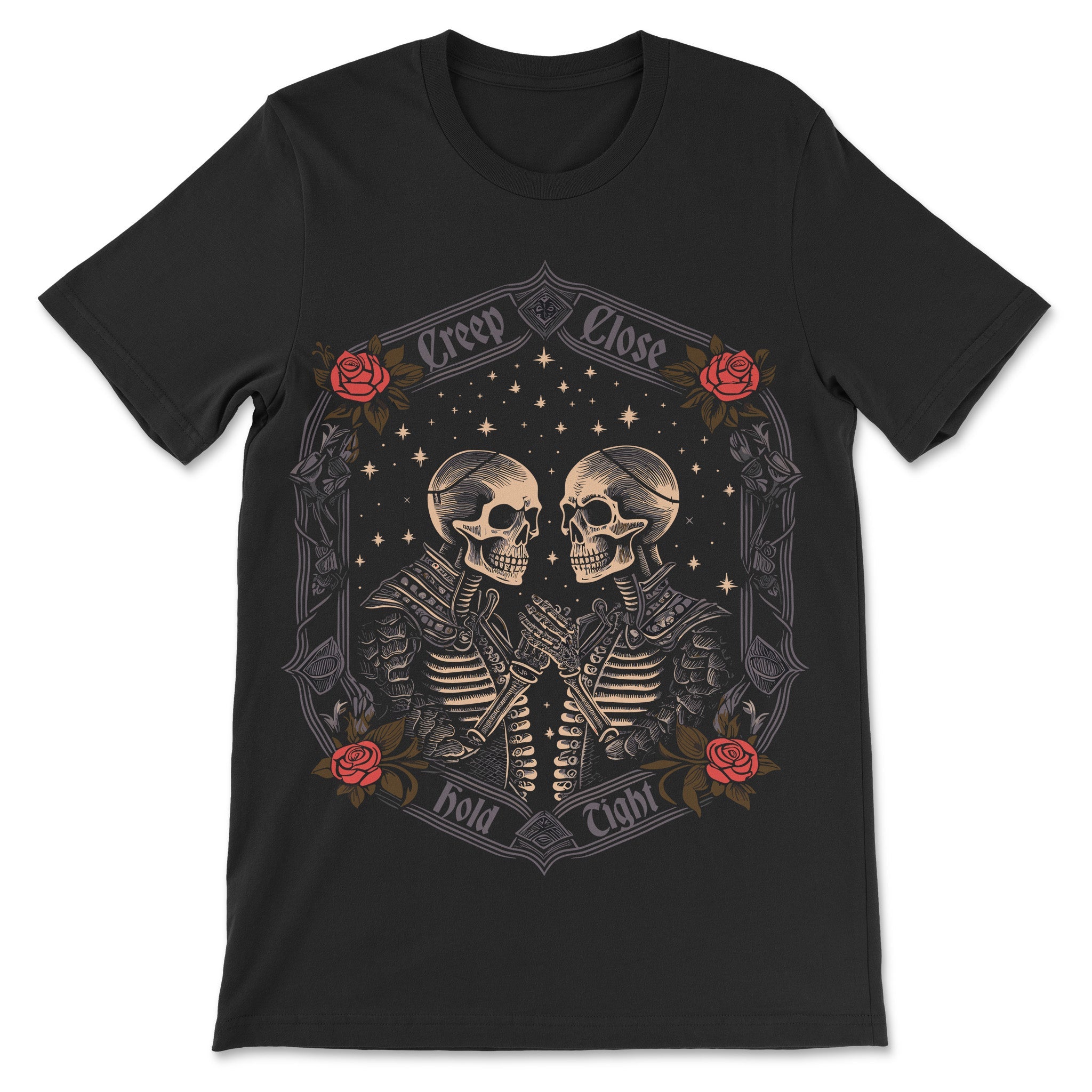 "Creep Close, Hold Tight" Halloween T-Shirt - A Bone-Chilling Romance - Hunky Tops