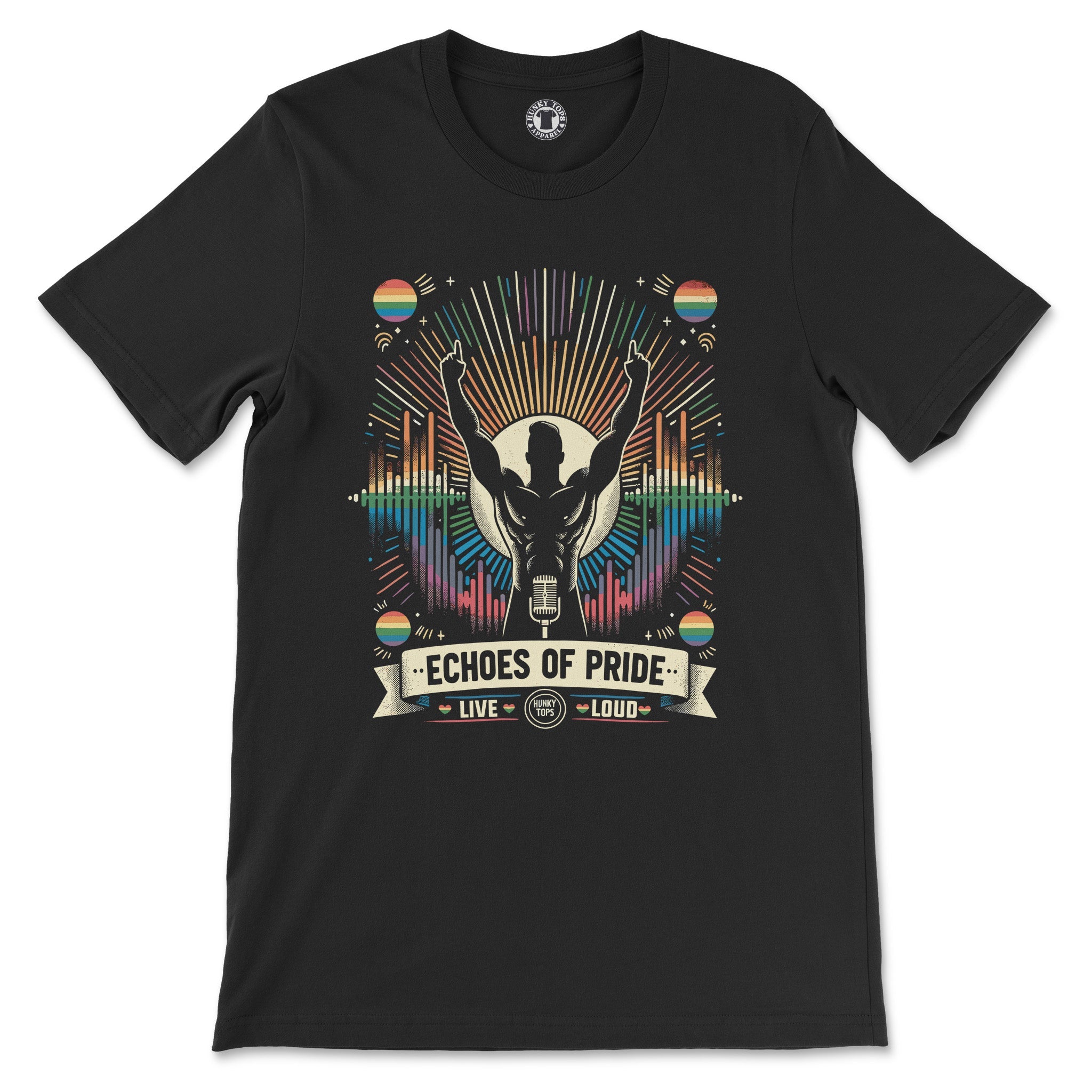 "Echoes of Pride" Vibrant Celebration Graphic Tee - Hunky Tops