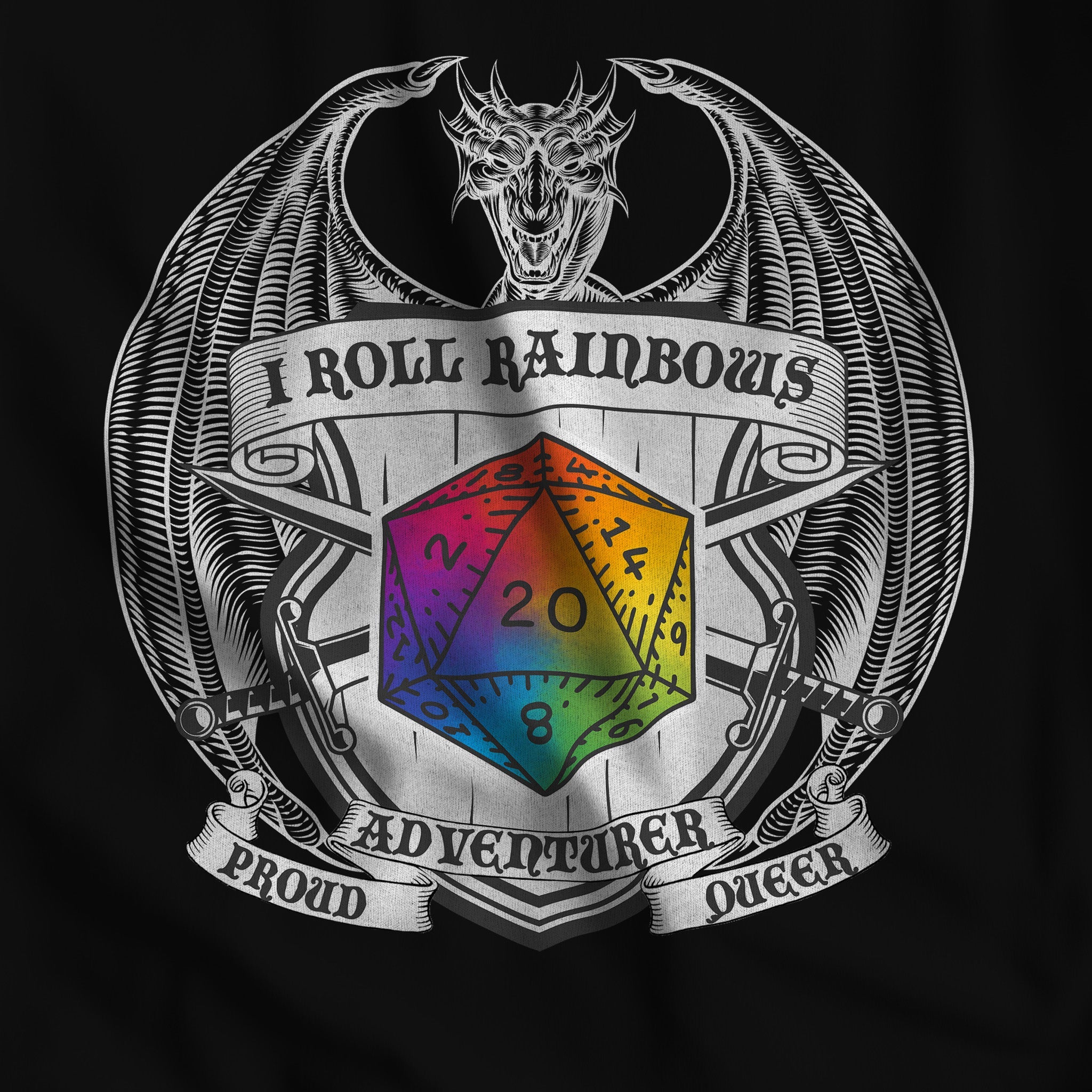 "I Roll Rainbows" T-Shirt - Proud Queer Adventurer Tabletop RPG Statement - Hunky Tops#color_black