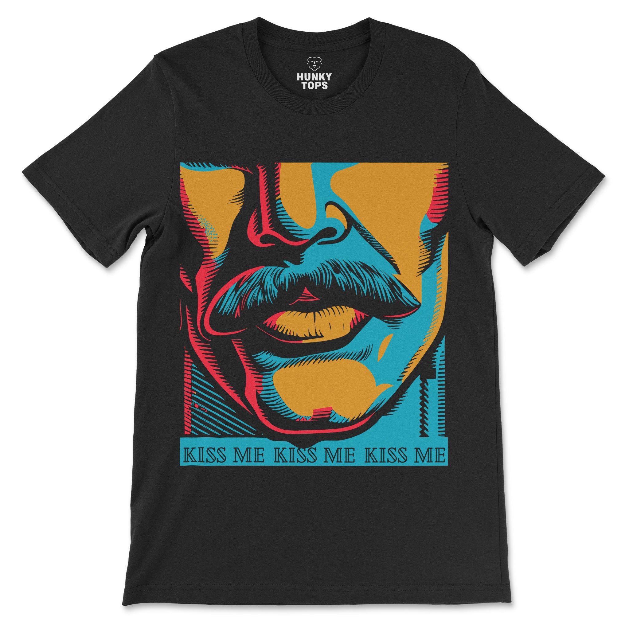 Kiss Me Gay Shirt - Pop Art Graphic Tee - Mustache Male Lips Design - Hunky Tops #color_Black