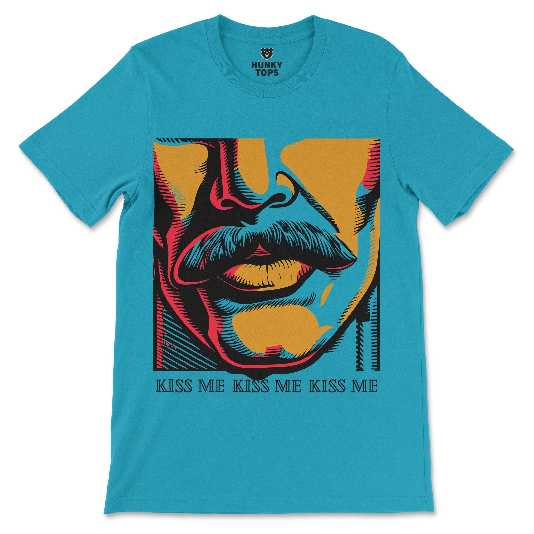 Kiss Me Gay Shirt - Pop Art Graphic Tee - Mustache Male Lips Design - Hunky Tops#color_aqua