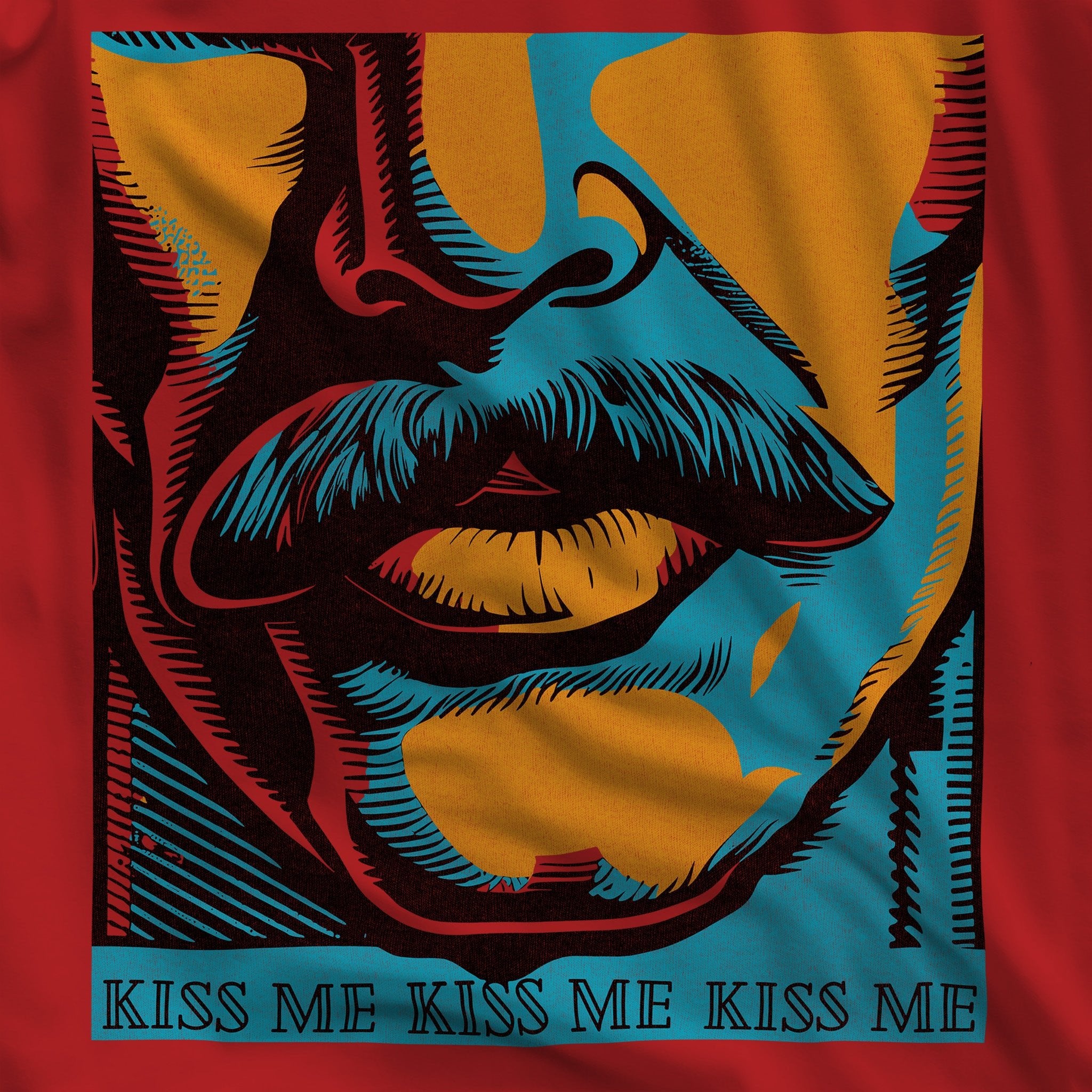 Kiss Me Gay Shirt - Pop Art Graphic Tee - Mustache Male Lips Design - Hunky Tops #color_Red