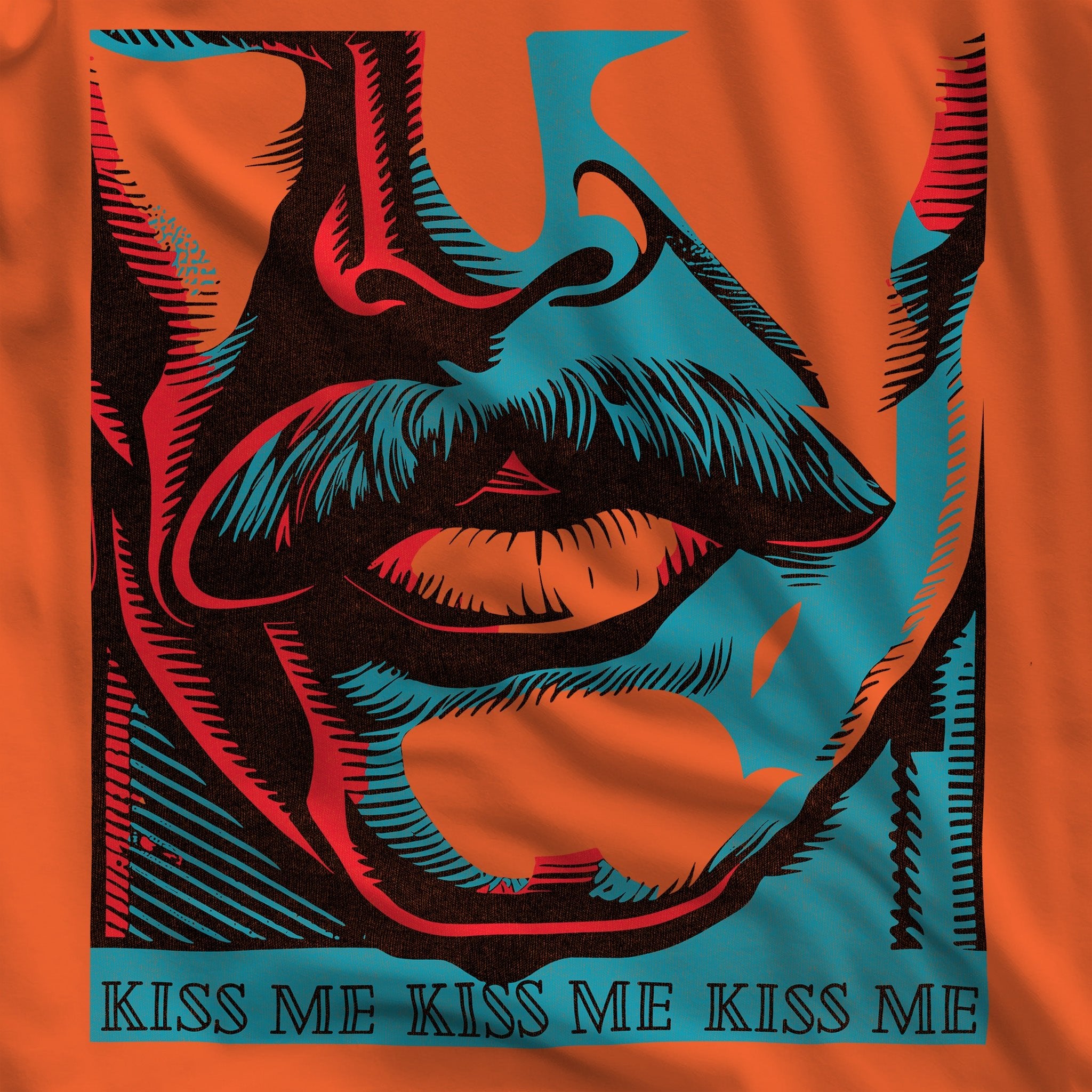 Kiss Me Gay Shirt - Pop Art Graphic Tee - Mustache Male Lips Design - Hunky Tops #color_Orange