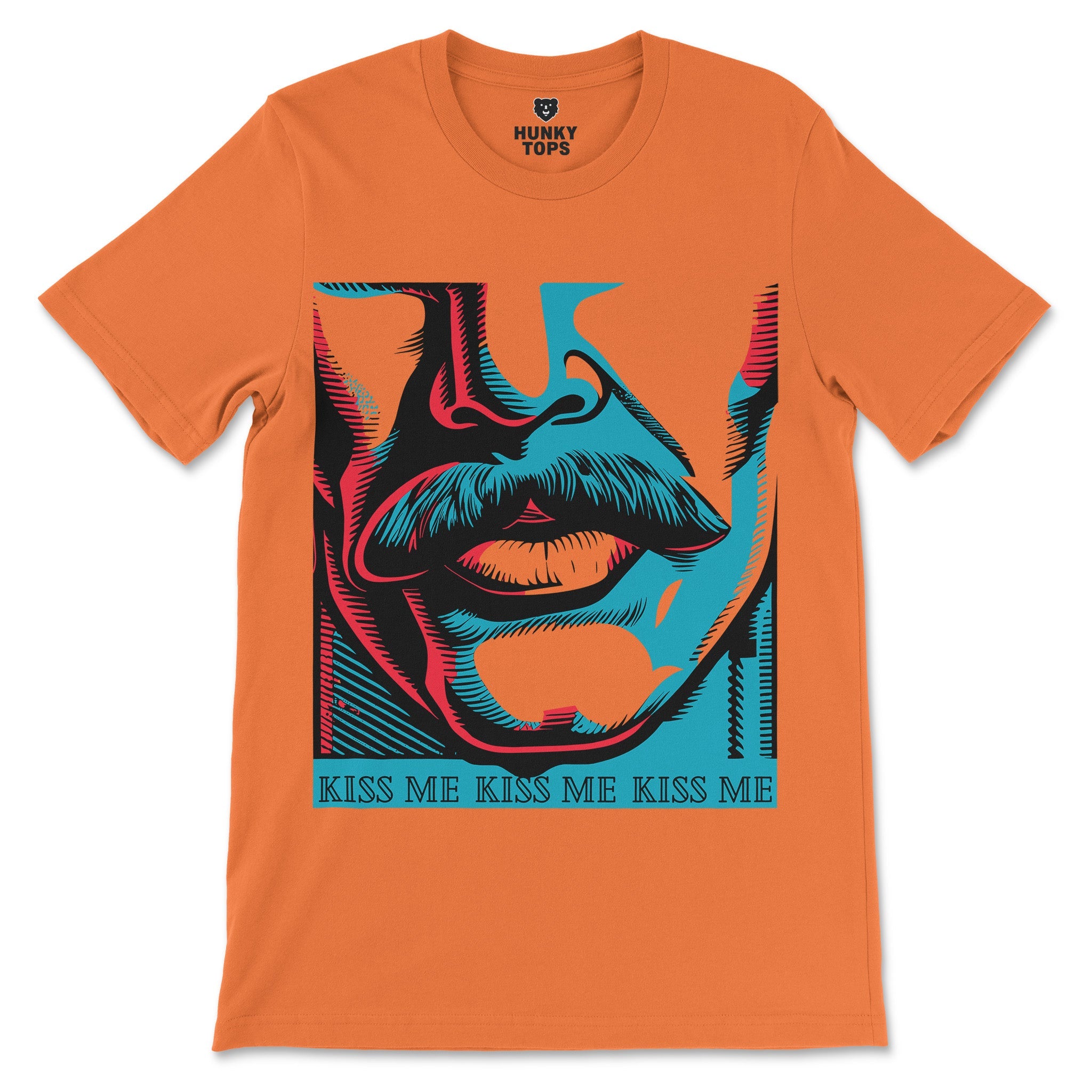 Kiss Me Gay Shirt - Pop Art Graphic Tee - Mustache Male Lips Design - Hunky Tops #color_Orange