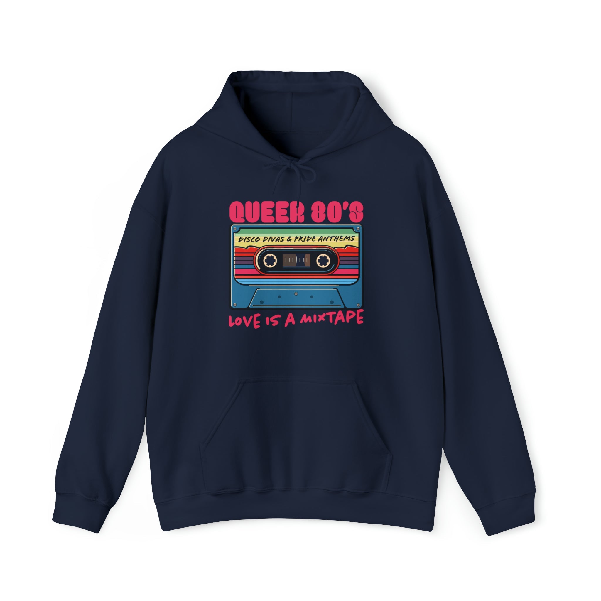 "Queer 80's: Love is a Mixtape" Hoodie - Hunky Tops#color_navy