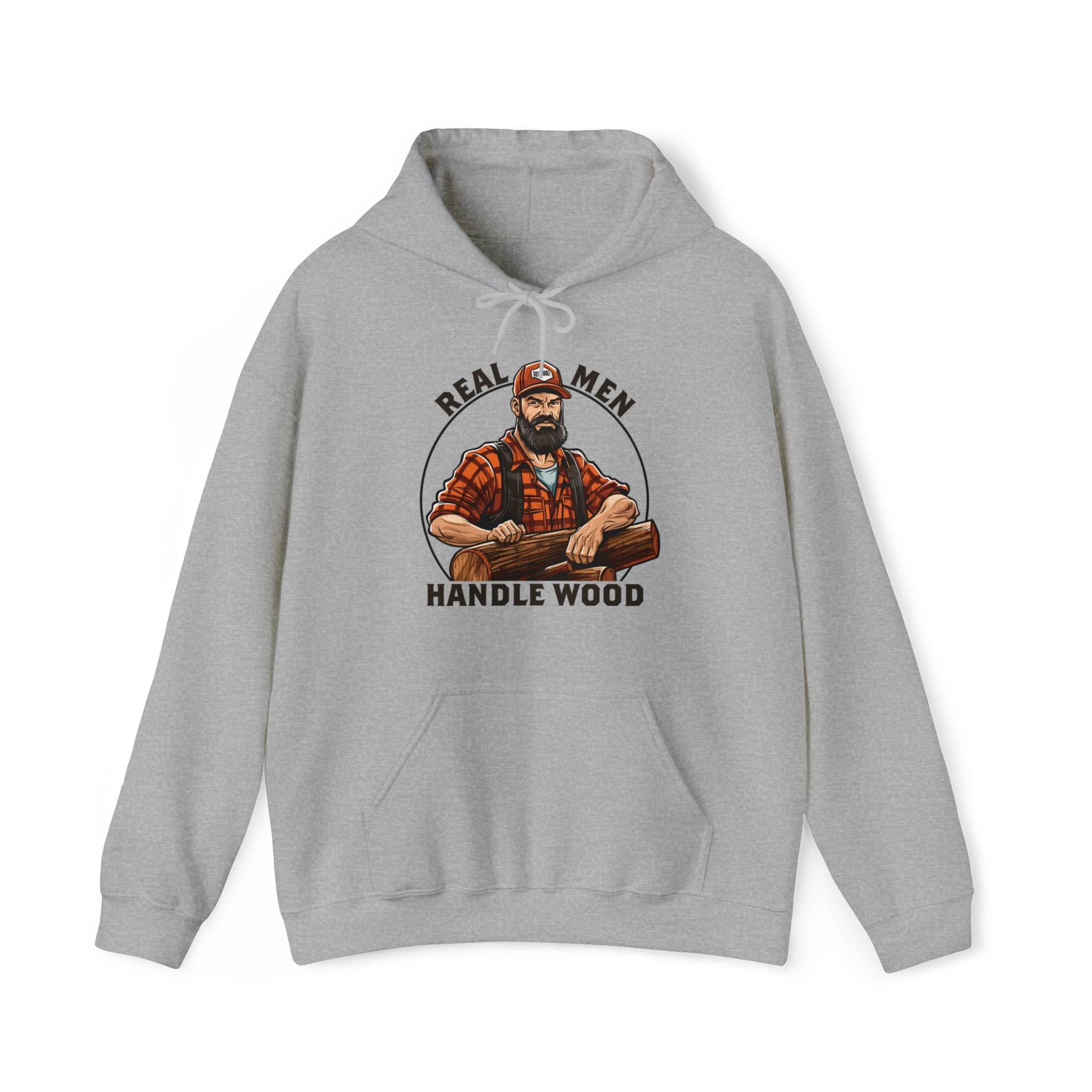 "Real Men Handle Wood" Lumberjack-Themed Hoodie - Hunky Tops#color_sport grey