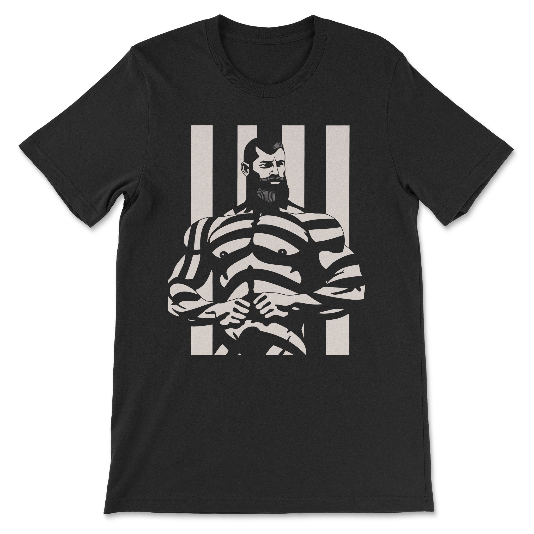 "Striped Charisma" Muscular Bearded Man T-Shirt - Hunky Tops#color_black