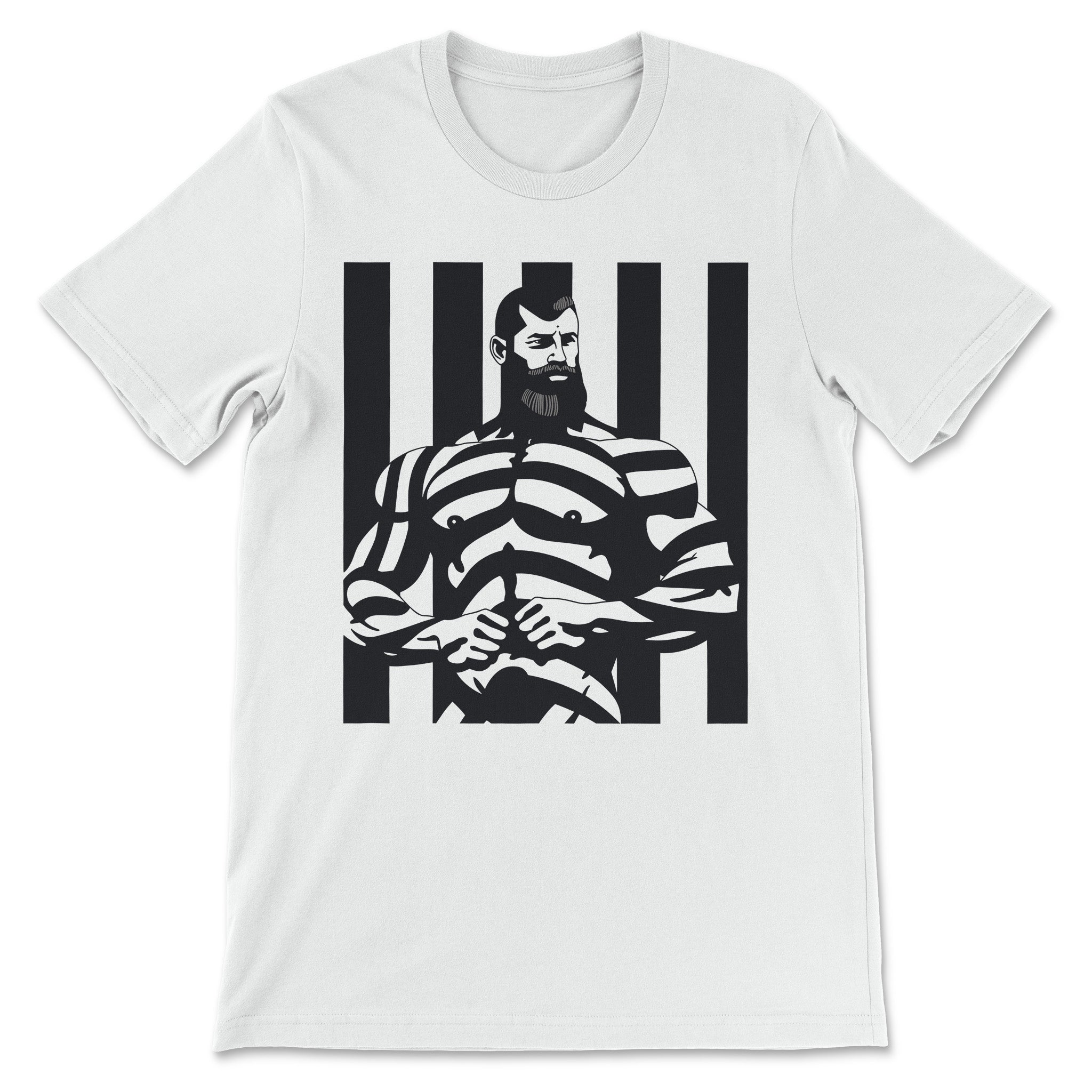"Striped Charisma" Muscular Bearded Man T-Shirt - Hunky Tops#color_white